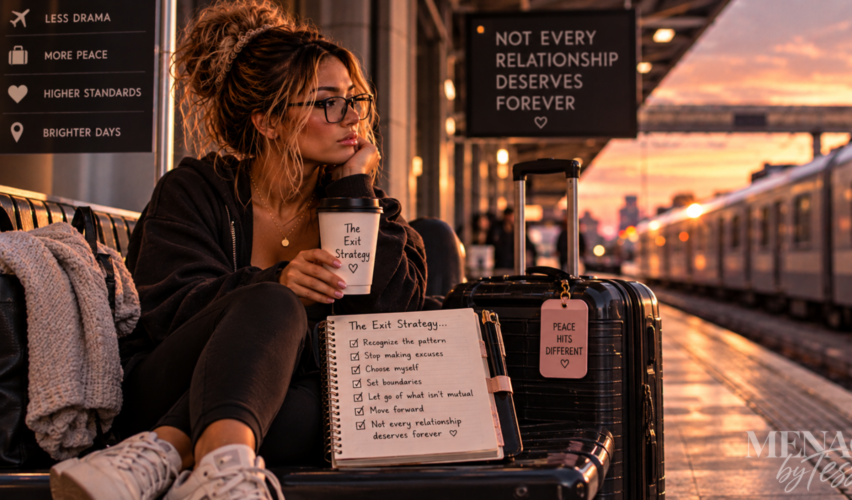 Woman waiting at a train station with packed luggage, preparing to move forward and leave behind a relationship that no longer deserves a place in her future.