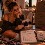 Woman sorting through old memories and packing away reminders of toxic patterns while reflecting on the lessons unhealthy love taught her.