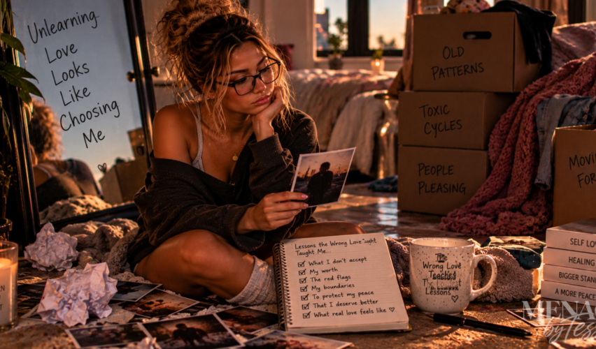 Woman sorting through old memories and packing away reminders of toxic patterns while reflecting on the lessons unhealthy love taught her.