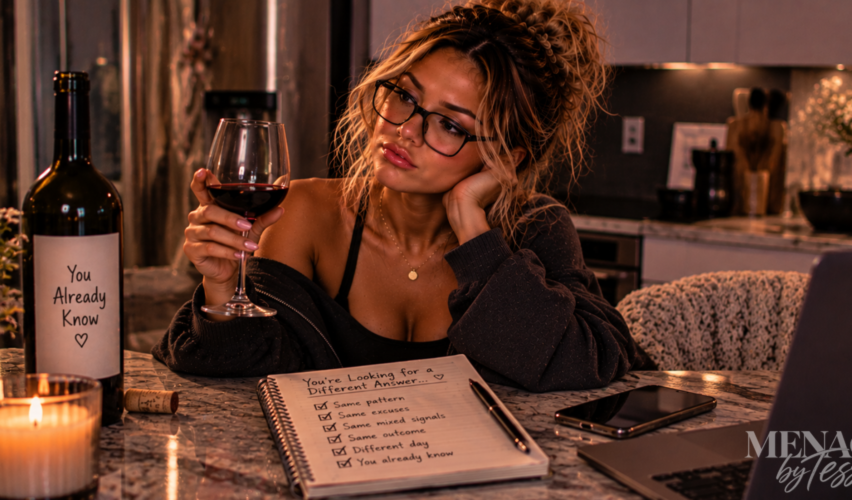Woman sitting thoughtfully at a kitchen counter, confronting the same patterns, excuses, and mixed signals while realizing she may already know the answer she's trying to change.