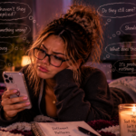 Woman anxiously checking her phone while intrusive questions about delayed replies surround her, illustrating how attachment patterns can turn a simple text message into emotional overthinking.