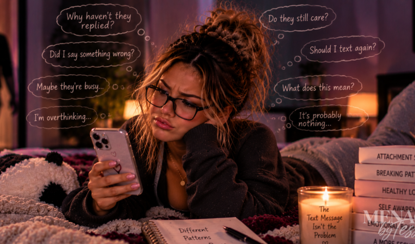 Woman anxiously checking her phone while intrusive questions about delayed replies surround her, illustrating how attachment patterns can turn a simple text message into emotional overthinking.