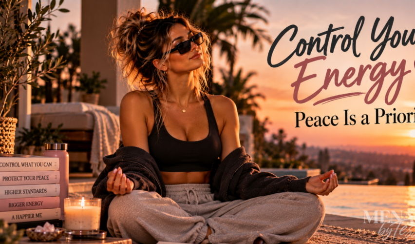 Woman meditating beside a peaceful infinity pool at sunset, representing the choice to protect her energy, prioritize inner peace, and stop giving attention to things that disturb her well-being.