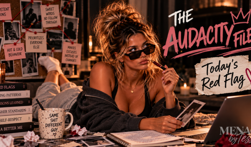 Woman playfully investigating relationship red flags among photos, notes, and clues, representing the moment you stop making excuses for inconsistent behavior and finally recognize the warning signs for what they are.