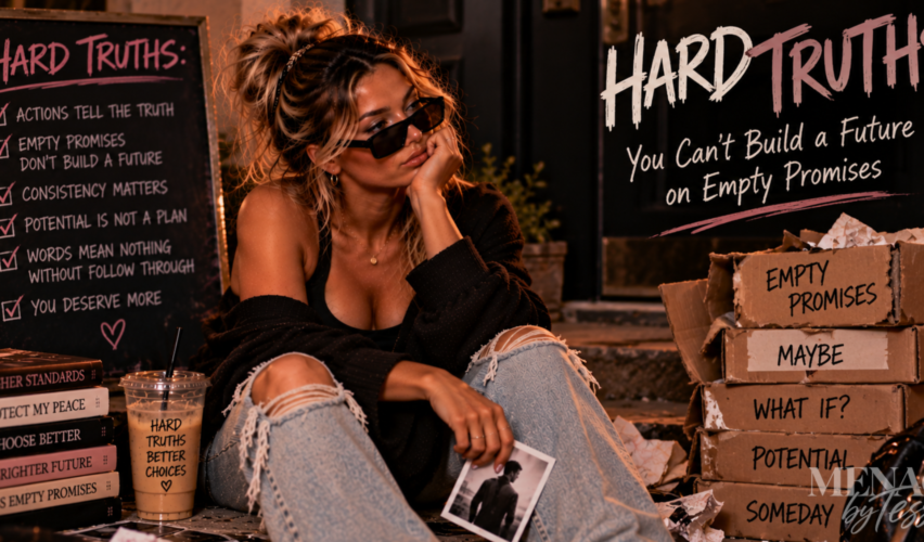 Woman sitting beside battered boxes labeled with empty promises like “maybe,” “what if,” “potential,” and “someday,” representing the hard truth that words without consistent action cannot build a secure future.