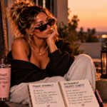 Woman sitting outdoors at sunset surrounded by reminders about boundaries and self-respect, representing how stepping back from emotional attachment can reveal relationship patterns more clearly and help you reclaim your power.