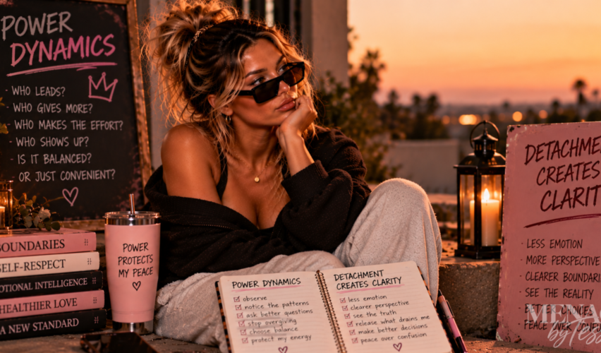 Woman sitting outdoors at sunset surrounded by reminders about boundaries and self-respect, representing how stepping back from emotional attachment can reveal relationship patterns more clearly and help you reclaim your power.
