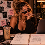 Woman playfully investigating relationship patterns at a desk covered with notes, photos, and clues, representing the realization that consistent effort and follow-through reveal far more about someone's intentions than their words.