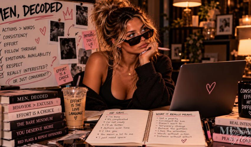 Woman playfully investigating relationship patterns at a desk covered with notes, photos, and clues, representing the realization that consistent effort and follow-through reveal far more about someone's intentions than their words.