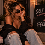 Woman sitting confidently among signs about boundaries, peace, and self-respect, representing the decision to prioritize respect and personal standards over feelings that tempt you to accept less.