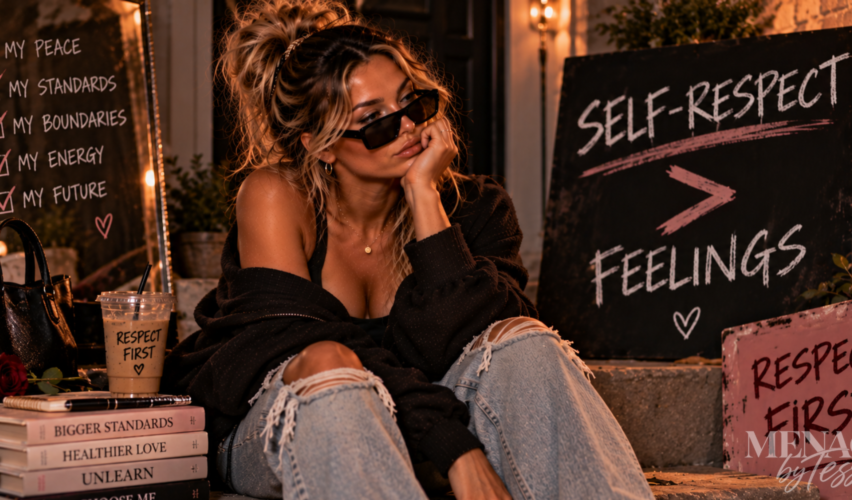 Woman sitting confidently among signs about boundaries, peace, and self-respect, representing the decision to prioritize respect and personal standards over feelings that tempt you to accept less.