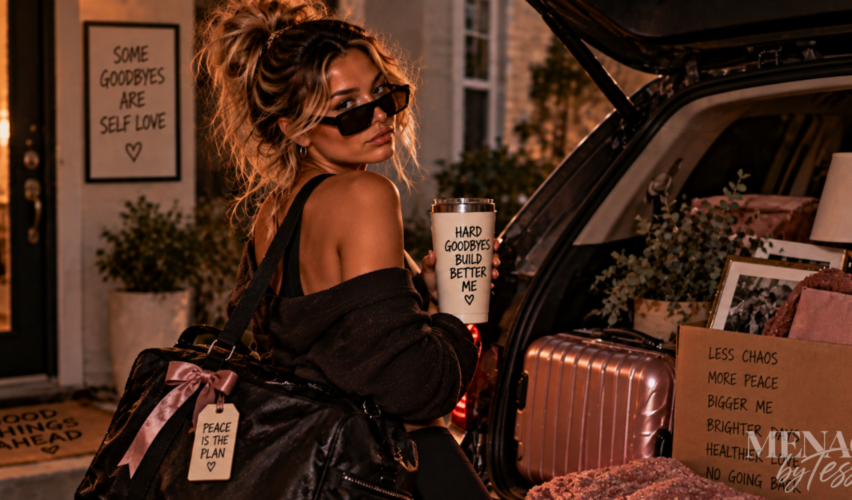 Woman packing her belongings into an SUV and looking back with a confident expression, representing the difficult but necessary decision to leave behind a relationship that costs you your peace.