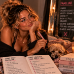 Woman relaxing on her bed with her dog while reflecting on the differences between familiar relationship patterns and healthy love, representing how consistency, peace, and emotional safety can feel unfamiliar when you're used to chaos.