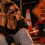 Woman sitting among construction barriers, caution signs, and discarded red flags with an unimpressed expression, representing the warning signs you noticed from the beginning but chose to overlook.
