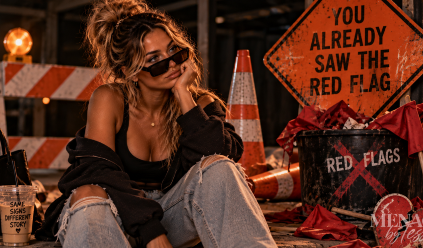 Woman sitting among construction barriers, caution signs, and discarded red flags with an unimpressed expression, representing the warning signs you noticed from the beginning but chose to overlook.