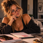 Woman reviewing notes at her desk with a knowing expression, capturing the humor and disbelief behind documenting another outrageous dating story for The Audacity Report.