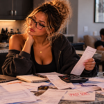 Woman sorting through overdue bills at the kitchen counter while her partner relaxes in the background, illustrating the hard truth that potential doesn't replace responsibility or effort.