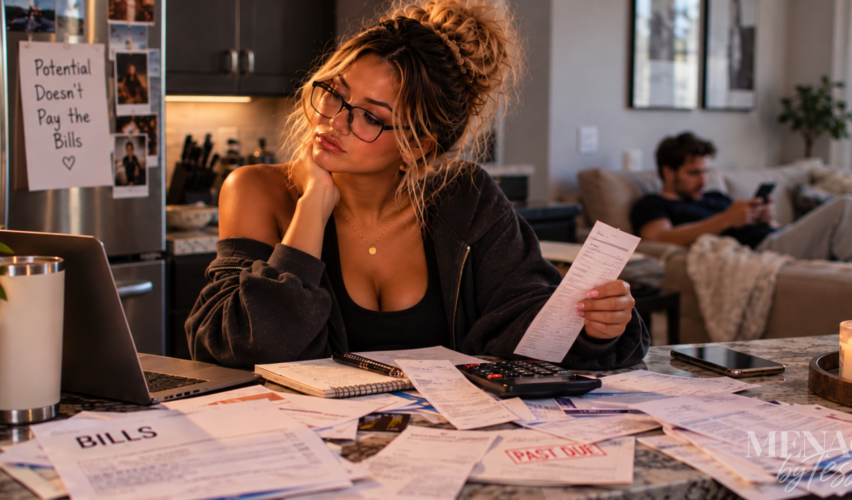 Woman sorting through overdue bills at the kitchen counter while her partner relaxes in the background, illustrating the hard truth that potential doesn't replace responsibility or effort.