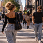 Woman walking forward through a busy city crosswalk as a man heads in the opposite direction, symbolizing emotional detachment and accepting that some people are lessons rather than lifelong companions.