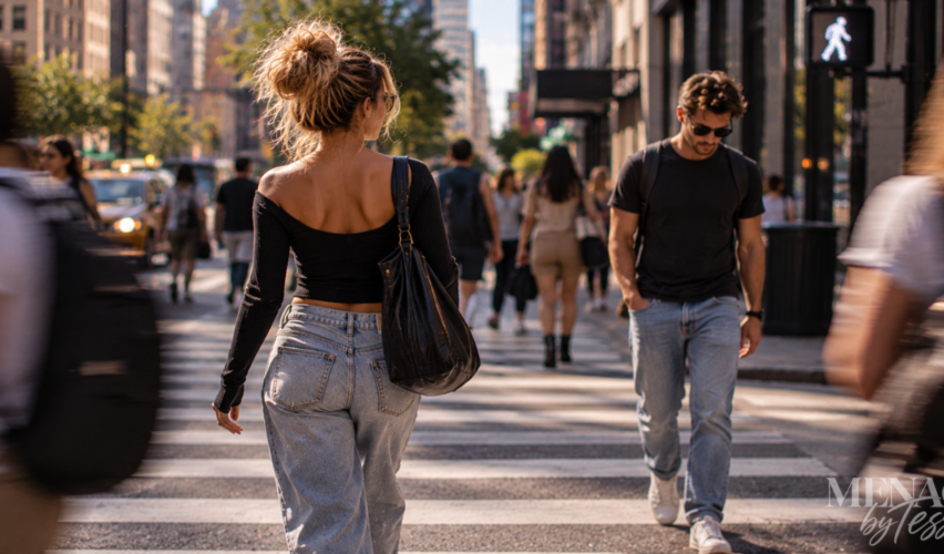 Woman walking forward through a busy city crosswalk as a man heads in the opposite direction, symbolizing emotional detachment and accepting that some people are lessons rather than lifelong companions.